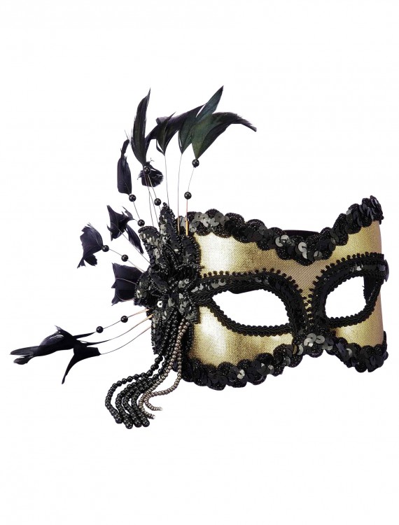 Black and Gold Sequin and Feather Mardi Gras Mask buy now